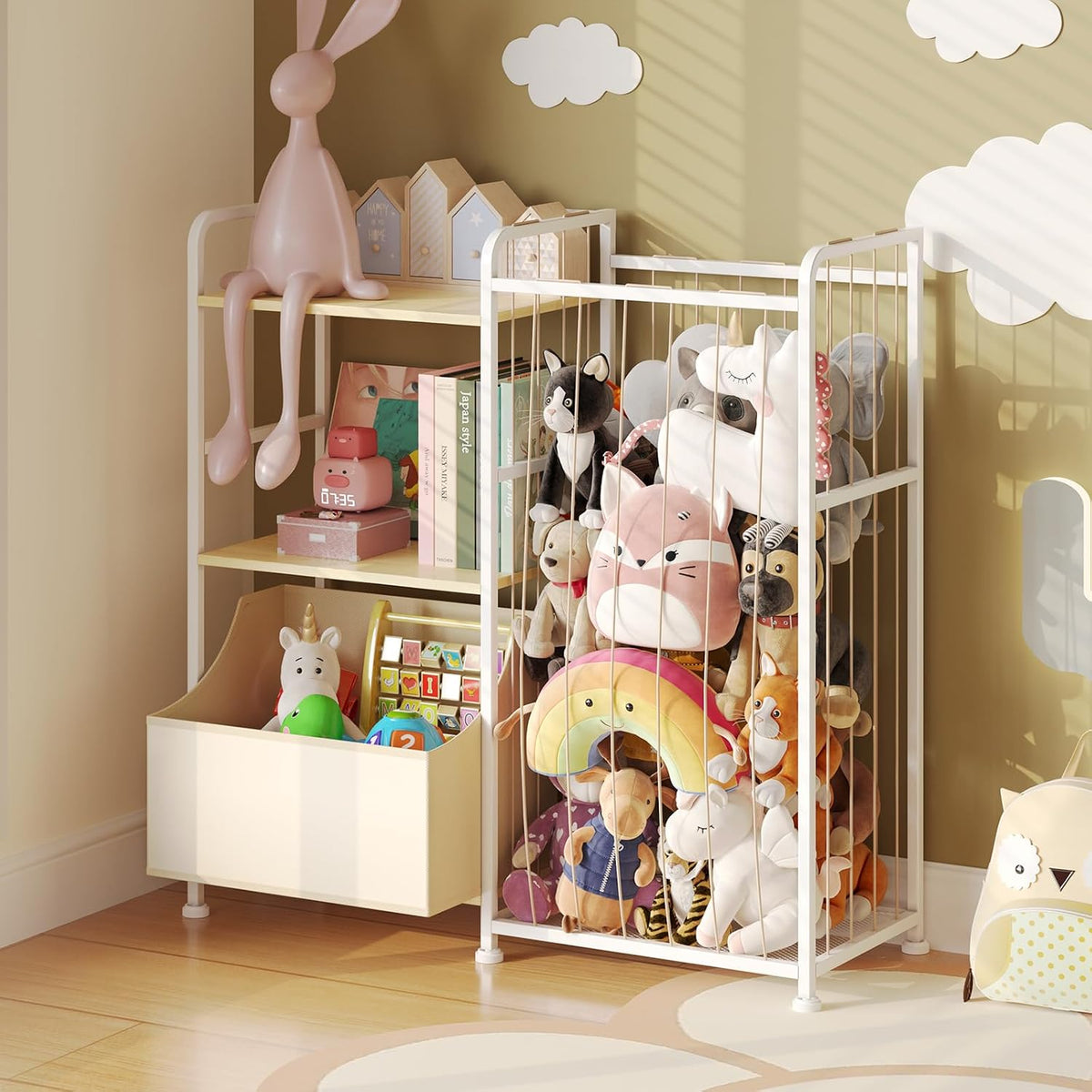Toy Storage Organizer, Stuffed Animal Storage with Toy Bin, White