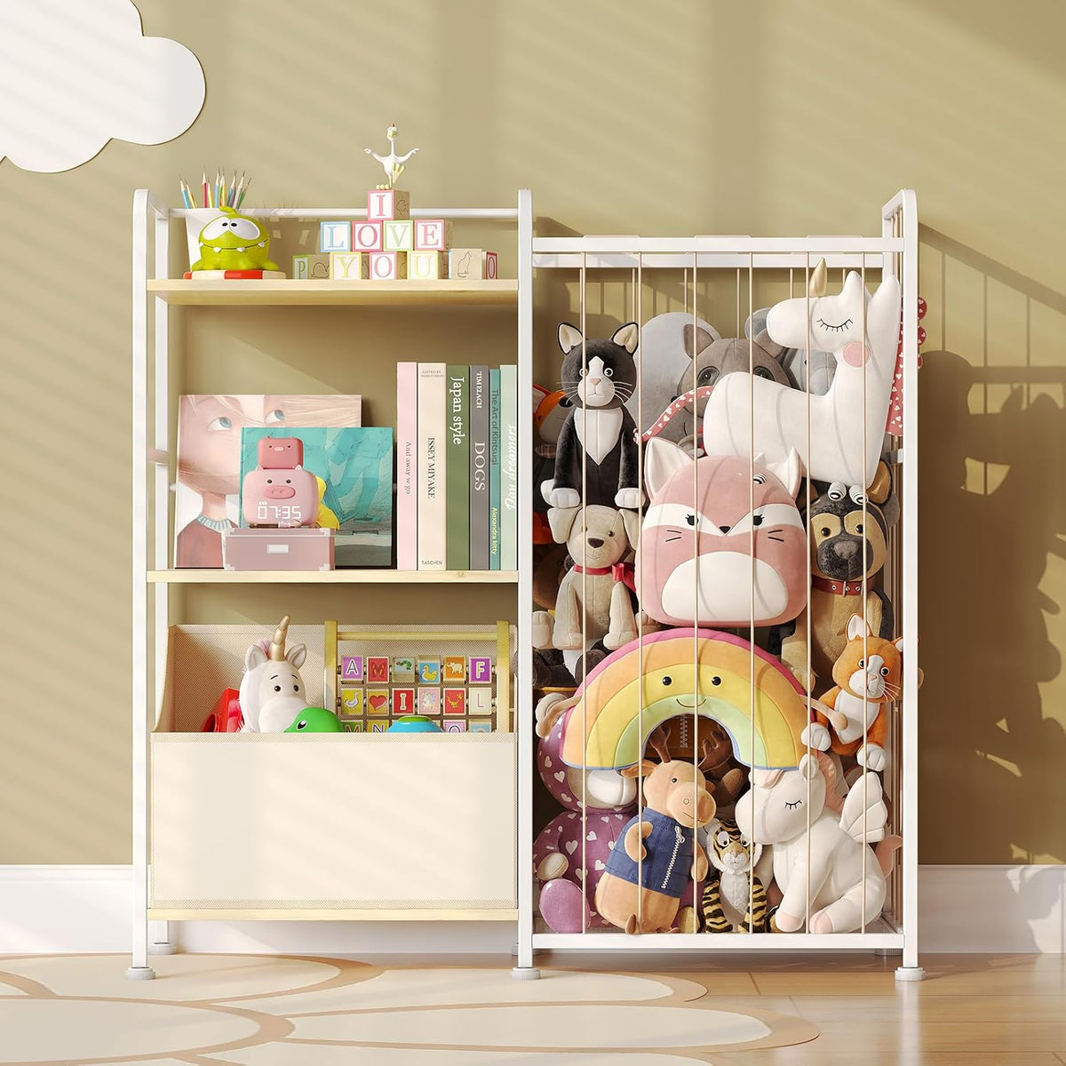 Toy Storage Organizer, Stuffed Animal Storage with Toy Bin, White
