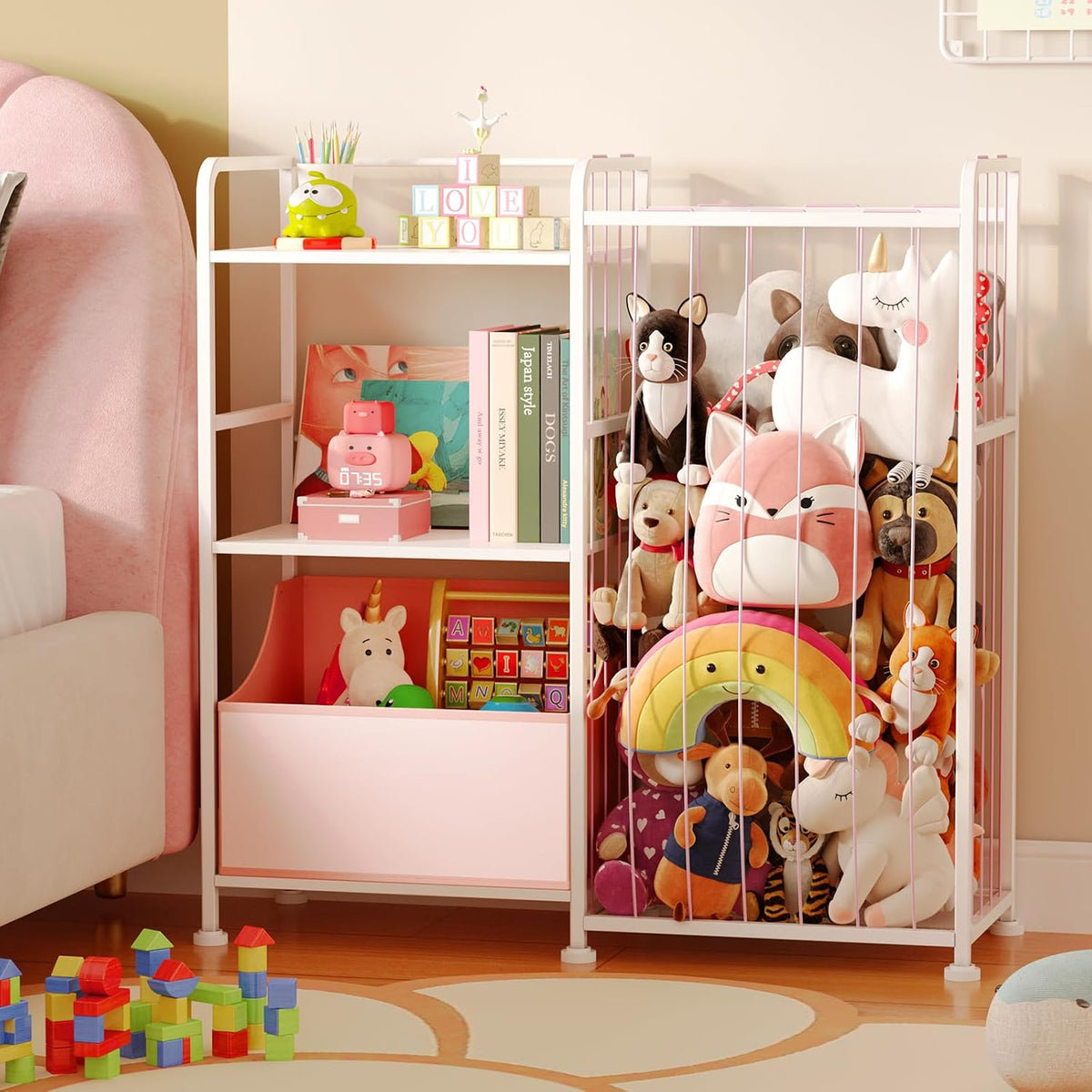 Toy Storage Organizer, Stuffed Animal Storage with Toy Bin, White