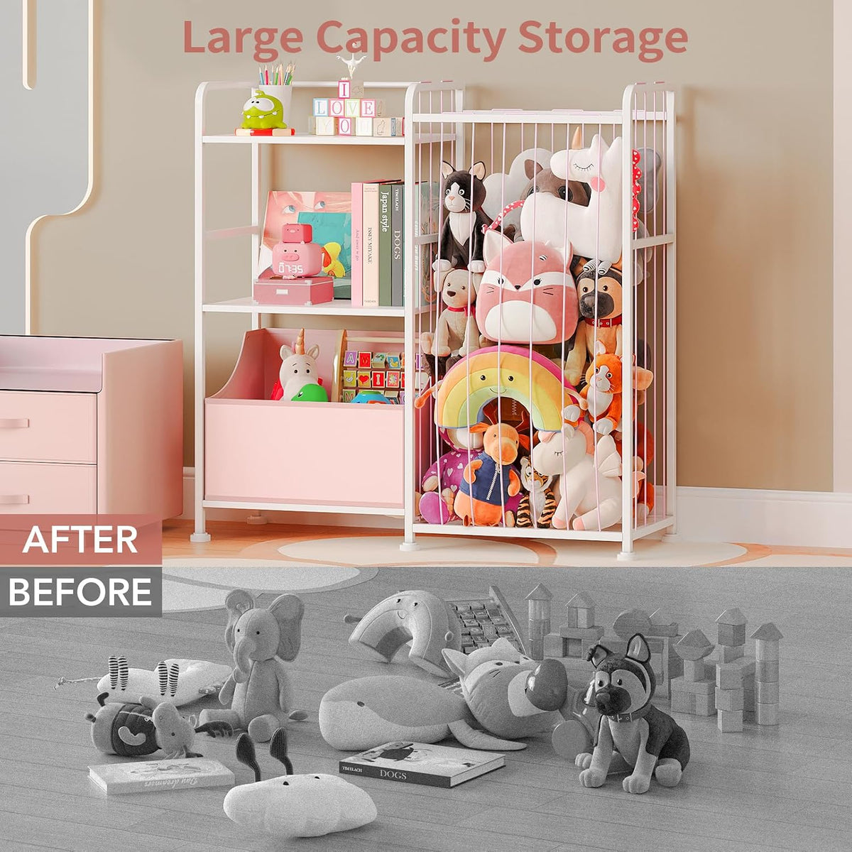 Toy Storage Organizer, Stuffed Animal Storage with Toy Bin, White