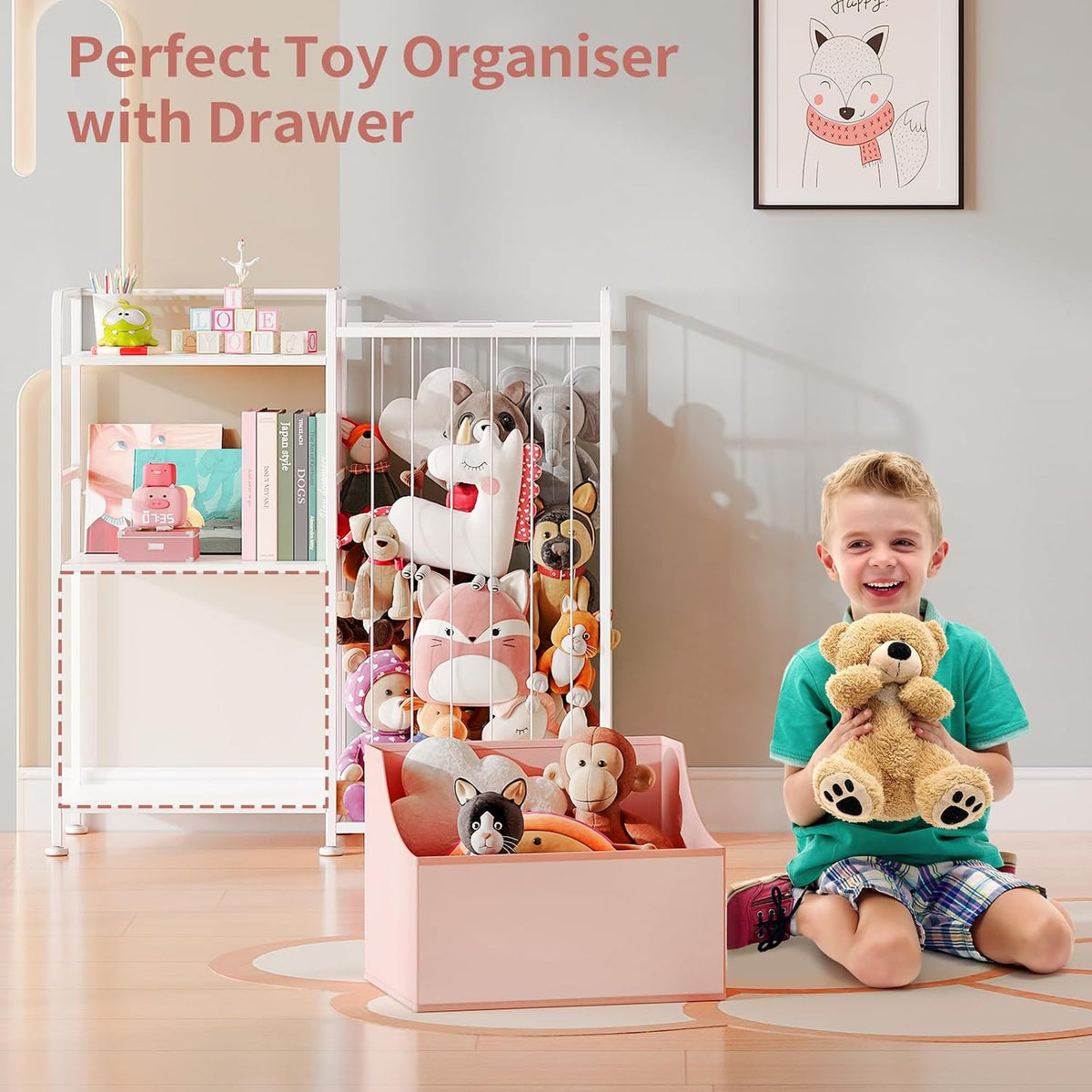 Toy Storage Organizer, Stuffed Animal Storage with Toy Bin, White
