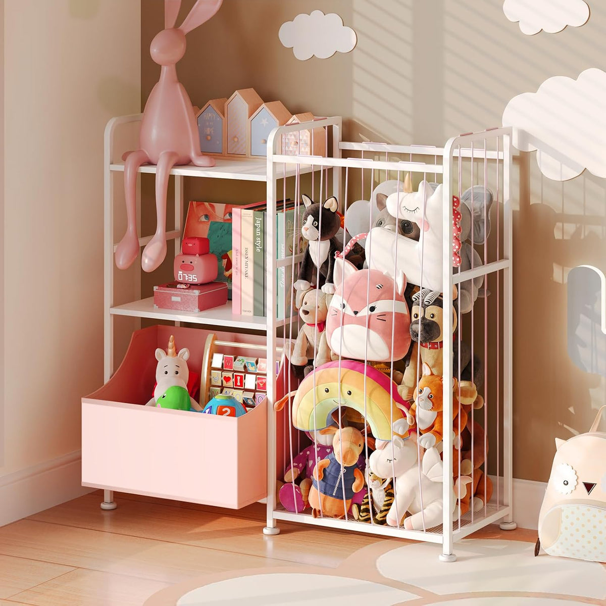Toy Storage Organizer, Stuffed Animal Storage with Toy Bin, White