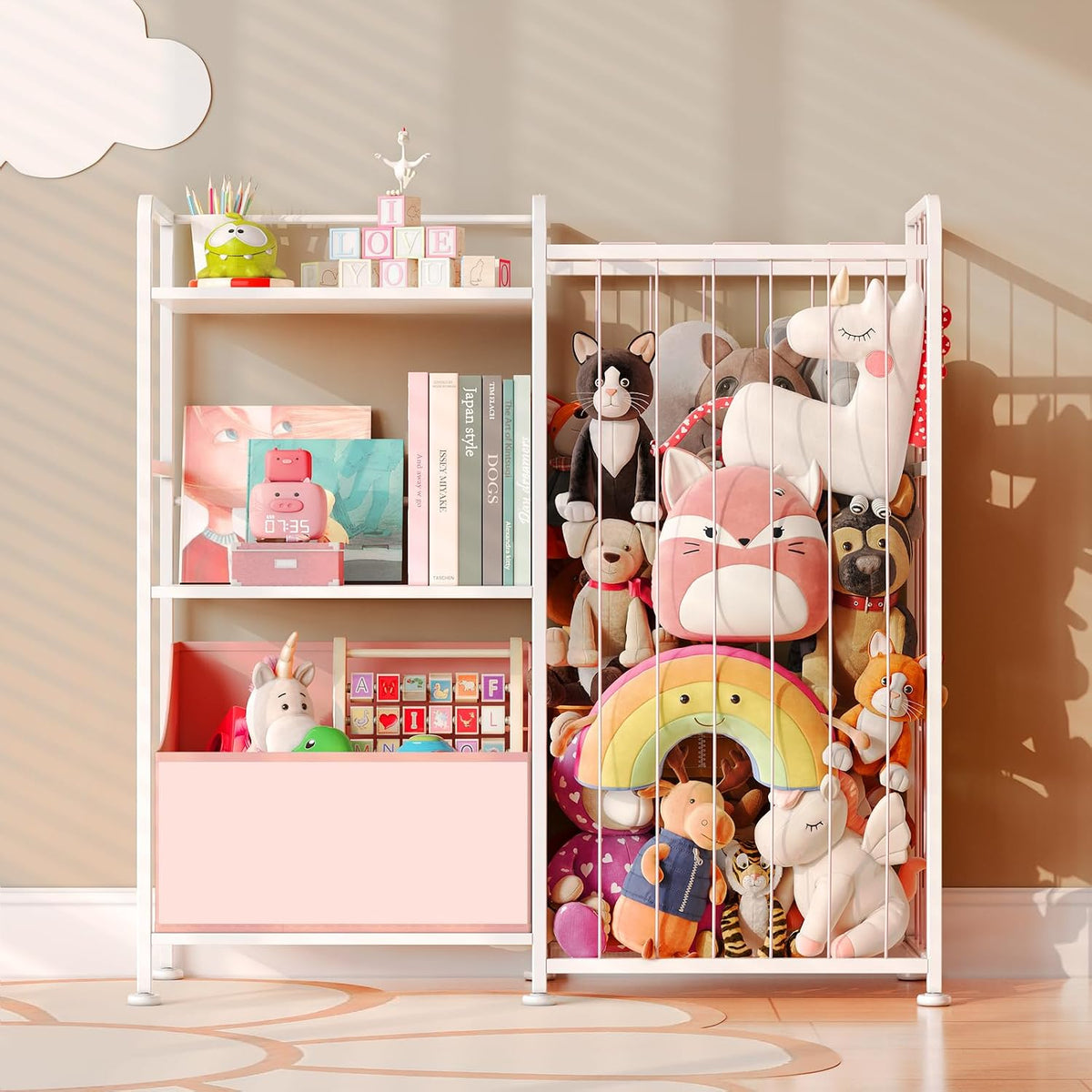 Toy Storage Organizer, Stuffed Animal Storage with Toy Bin, White