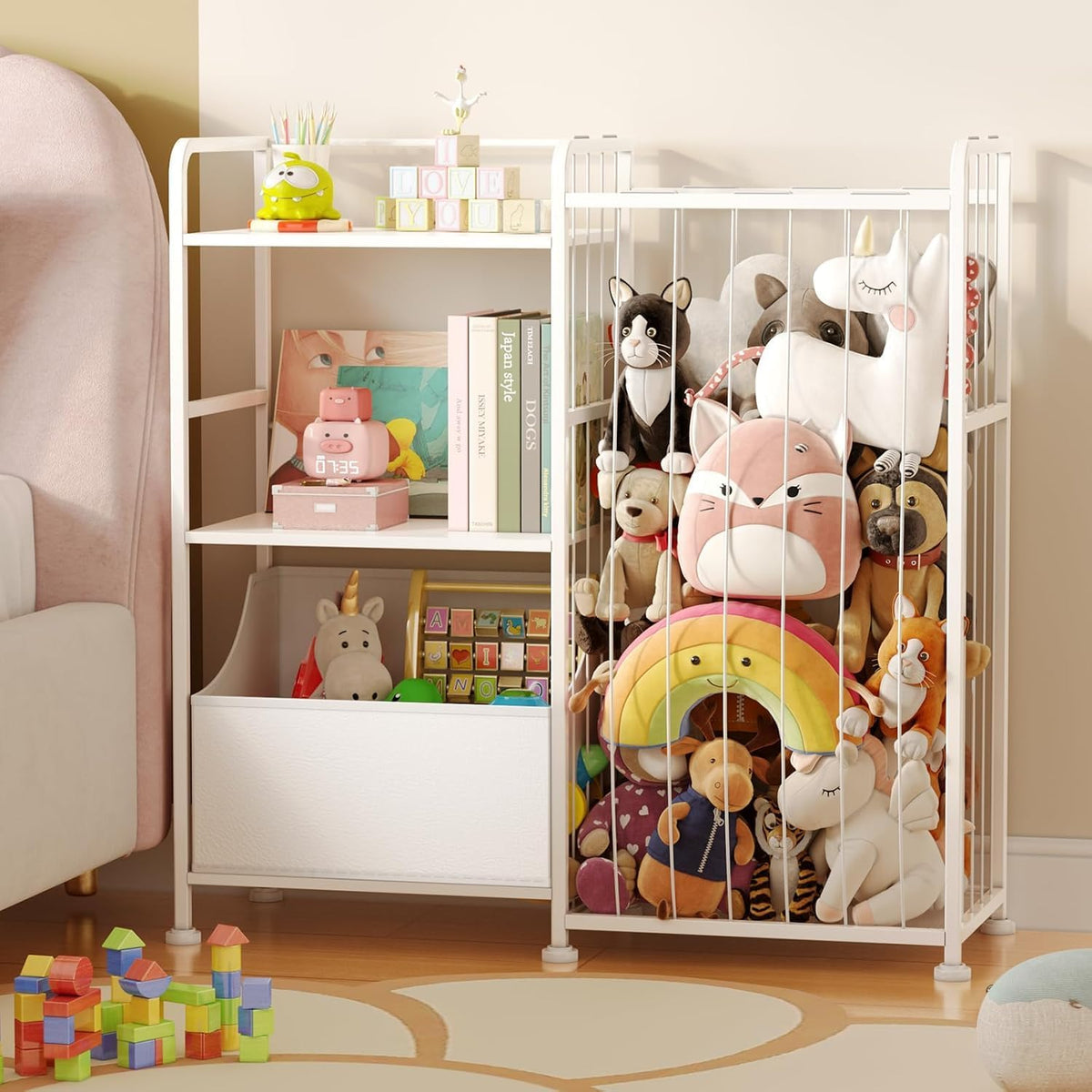 Toy Storage Organizer, Stuffed Animal Storage with Toy Bin, White