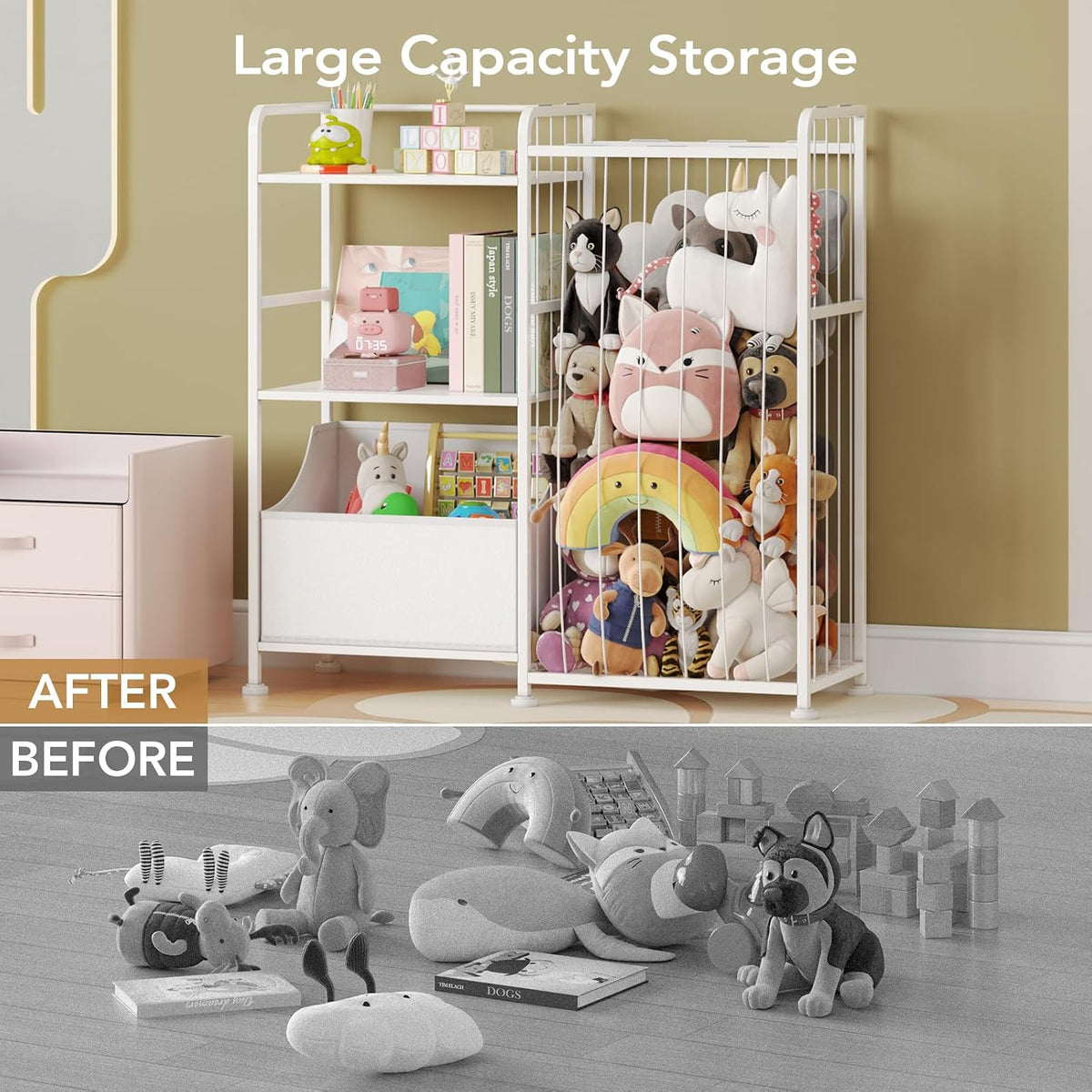 Toy Storage Organizer, Stuffed Animal Storage with Toy Bin, White