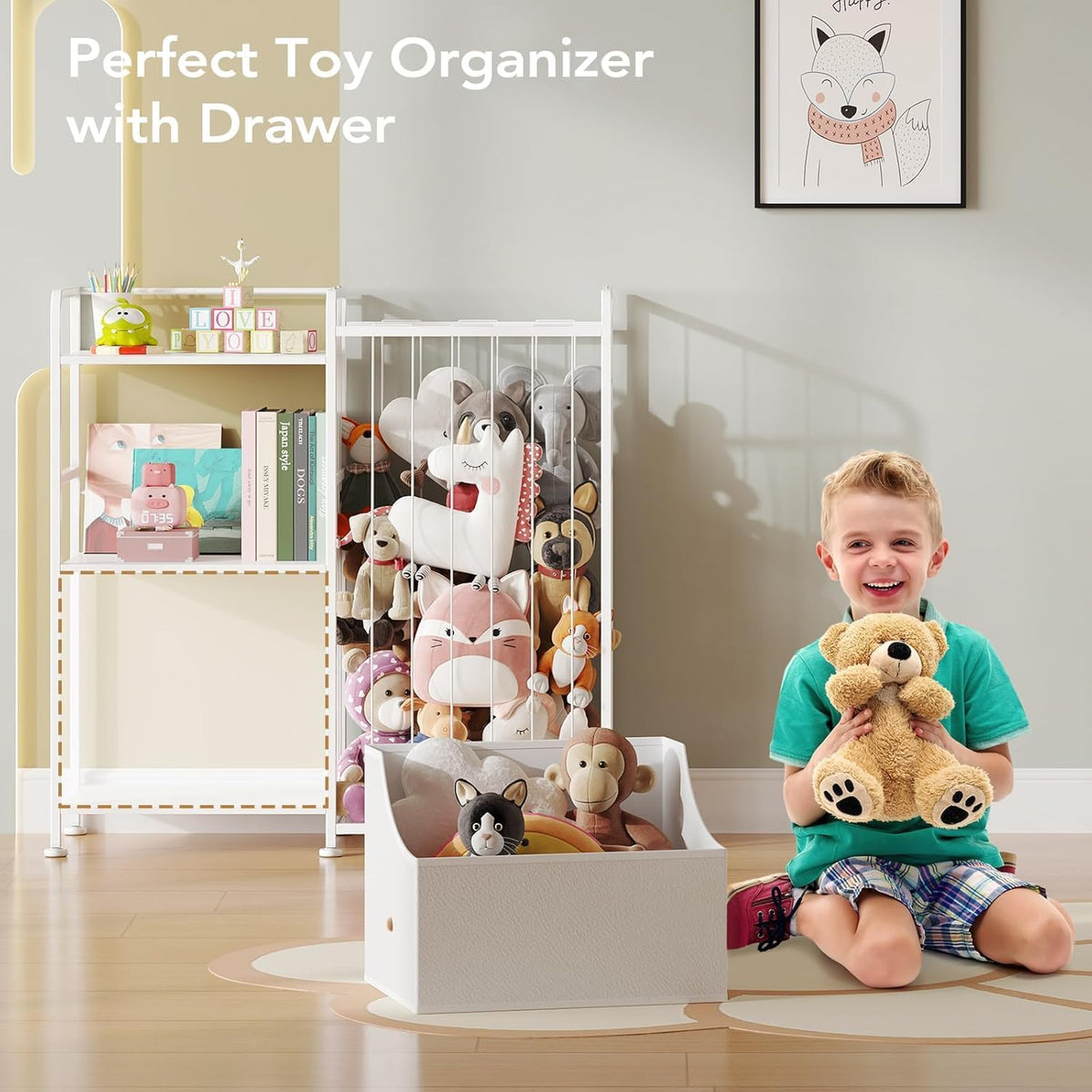 Toy Storage Organizer, Stuffed Animal Storage with Toy Bin, White