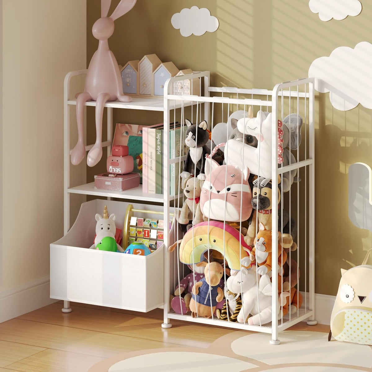 Toy Storage Organizer, Stuffed Animal Storage with Toy Bin, White
