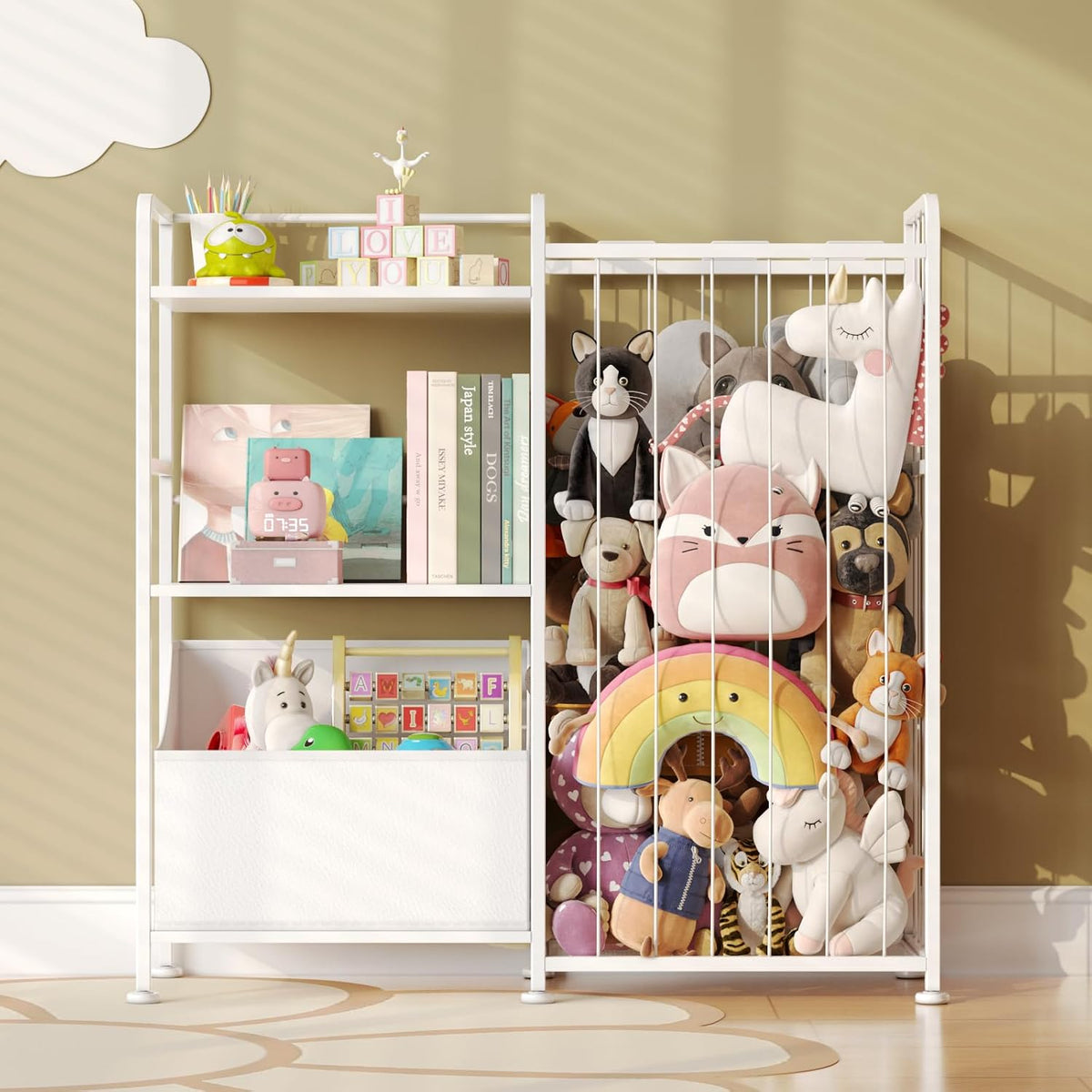 Toy Storage Organizer, Stuffed Animal Storage with Toy Bin, White