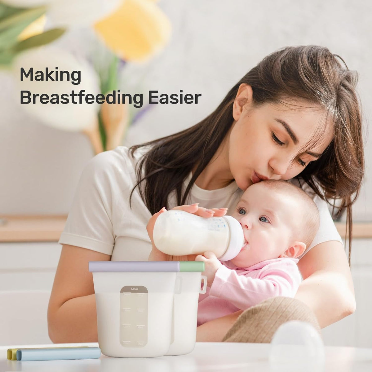 7 Pcs Silicone Breastmilk Storage Bags Reusable, 8oz/240ml Double Leak-Proof Breastmilk Freezer Bags, BPA Free Self-Standing Milk Bags for Breastfeeding, Baby Food Pouches