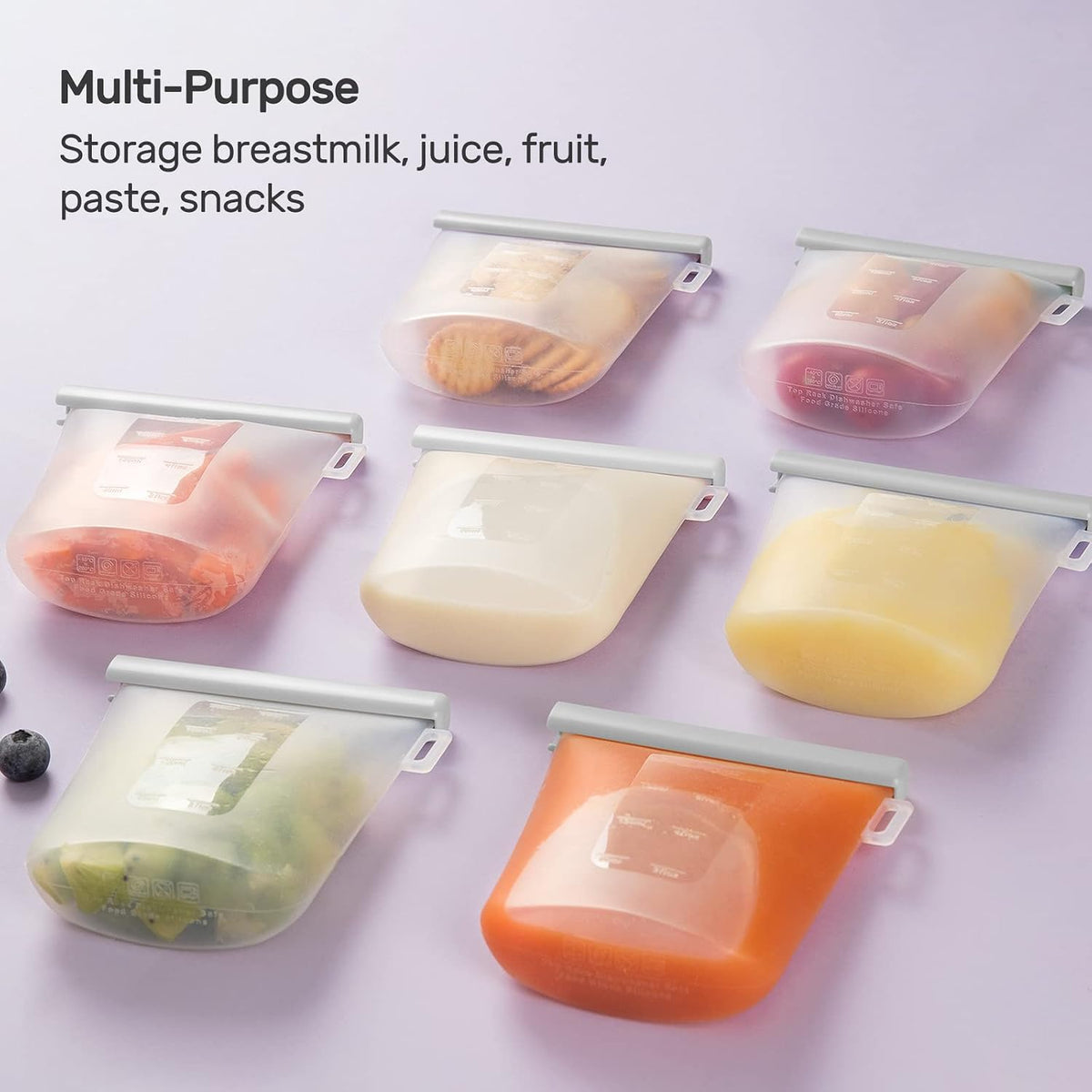 7 Pcs Silicone Breastmilk Storage Bags Reusable, 8oz/240ml Double Leak-Proof Breastmilk Freezer Bags, BPA Free Self-Standing Milk Bags for Breastfeeding, Baby Food Pouches