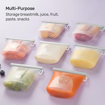7 Pcs Silicone Breastmilk Storage Bags Reusable, 8oz/240ml Double Leak-Proof Breastmilk Freezer Bags, BPA Free Self-Standing Milk Bags for Breastfeeding, Baby Food Pouches