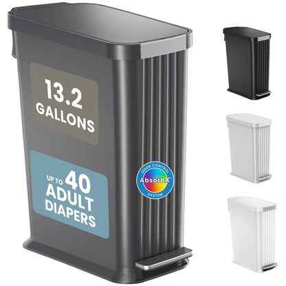 Patented 13 Gallon STEP Adult Diaper Pail, Fits Kitchen Bags, Odor Filter Trash Can Large 40+ Diapers Capacity, No Refills Needed, Incontinence Underwear Nursery Diapers ADA Compliant, Stainless Steel