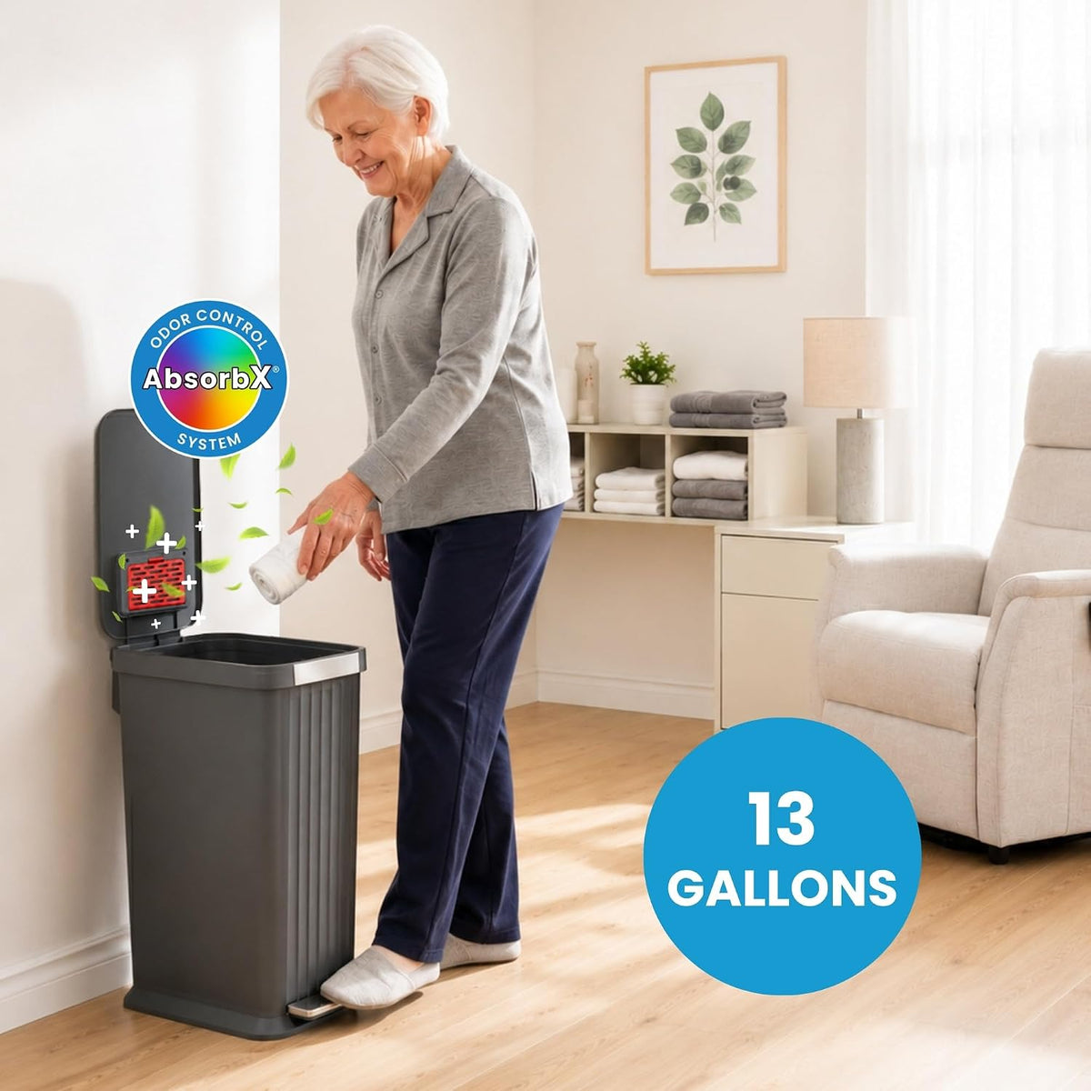 Patented 13 Gallon STEP Adult Diaper Pail, Fits Kitchen Bags, Odor Filter Trash Can Large 40+ Diapers Capacity, No Refills Needed, Incontinence Underwear Nursery Diapers ADA Compliant, Stainless Steel