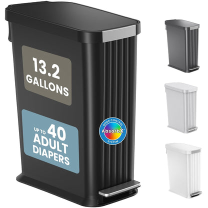 Patented 13 Gallon STEP Adult Diaper Pail, Fits Kitchen Bags, Odor Filter Trash Can Large 40+ Diapers Capacity, No Refills Needed, Incontinence Underwear Nursery Diapers ADA Compliant, Stainless Steel