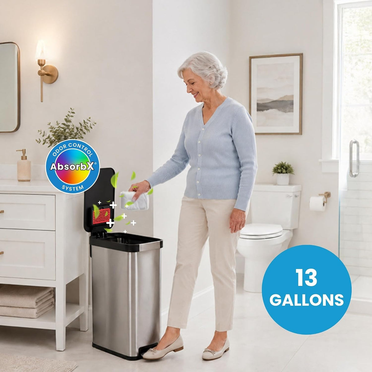 Patented 13 Gallon STEP Adult Diaper Pail, Fits Kitchen Bags, Odor Filter Trash Can Large 40+ Diapers Capacity, No Refills Needed, Incontinence Underwear Nursery Diapers ADA Compliant, Stainless Steel