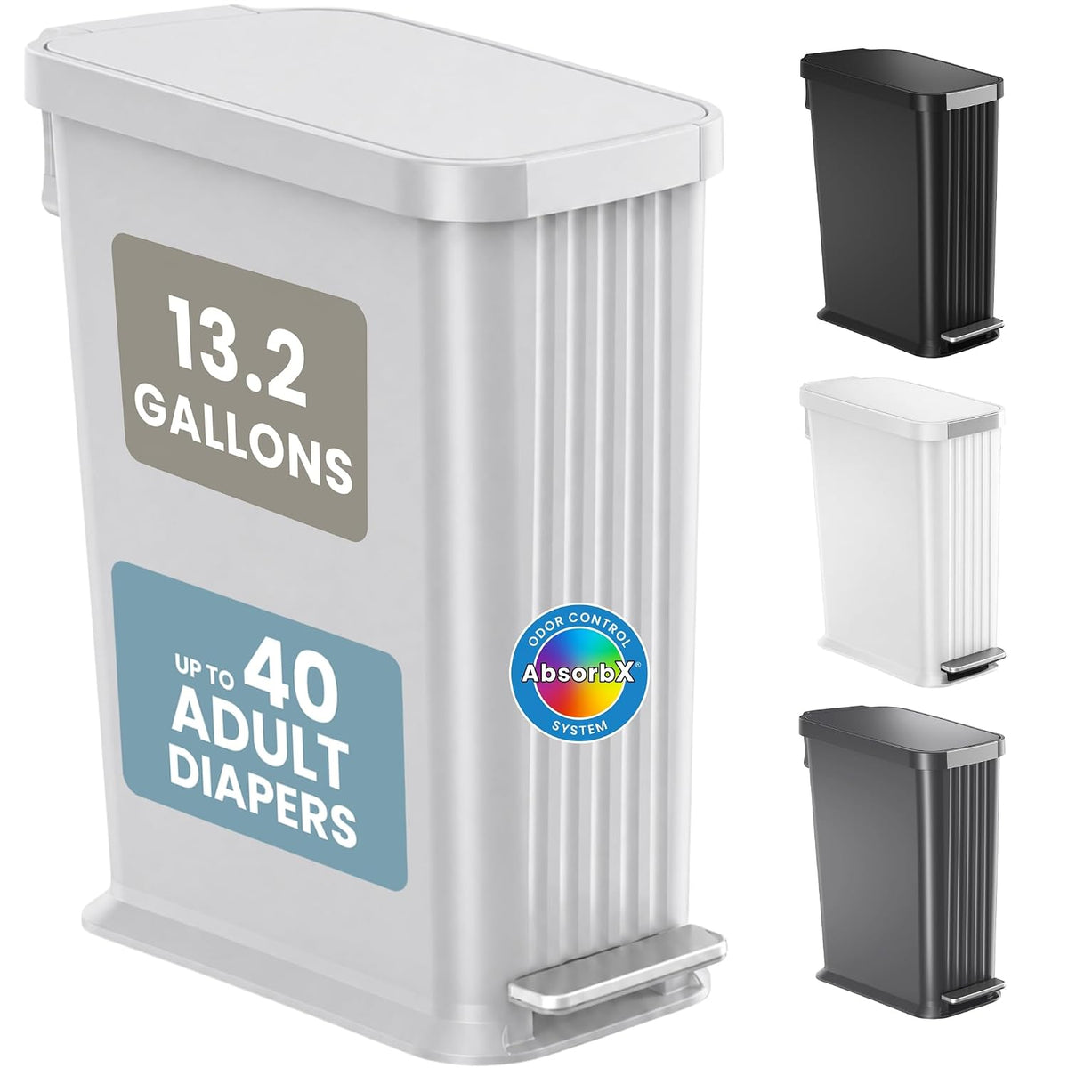 Patented 13 Gallon STEP Adult Diaper Pail, Fits Kitchen Bags, Odor Filter Trash Can Large 40+ Diapers Capacity, No Refills Needed, Incontinence Underwear Nursery Diapers ADA Compliant, Stainless Steel