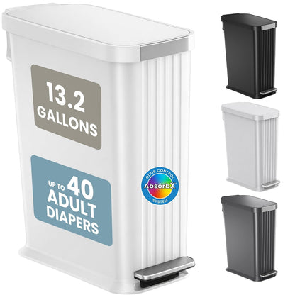 Patented 13 Gallon STEP Adult Diaper Pail, Fits Kitchen Bags, Odor Filter Trash Can Large 40+ Diapers Capacity, No Refills Needed, Incontinence Underwear Nursery Diapers ADA Compliant, Stainless Steel