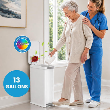 Patented 13 Gallon STEP Adult Diaper Pail, Fits Kitchen Bags, Odor Filter Trash Can Large 40+ Diapers Capacity, No Refills Needed, Incontinence Underwear Nursery Diapers ADA Compliant, Stainless Steel
