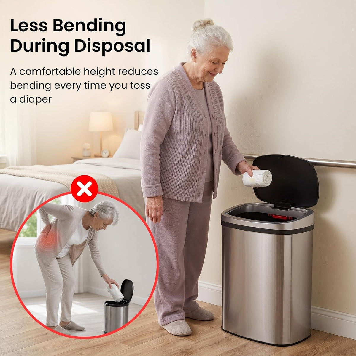 Patented 13 Gallon STEP Adult Diaper Pail, Fits Kitchen Bags, Odor Filter Trash Can Large 40+ Diapers Capacity, No Refills Needed, Incontinence Underwear Nursery Diapers ADA Compliant, Stainless Steel