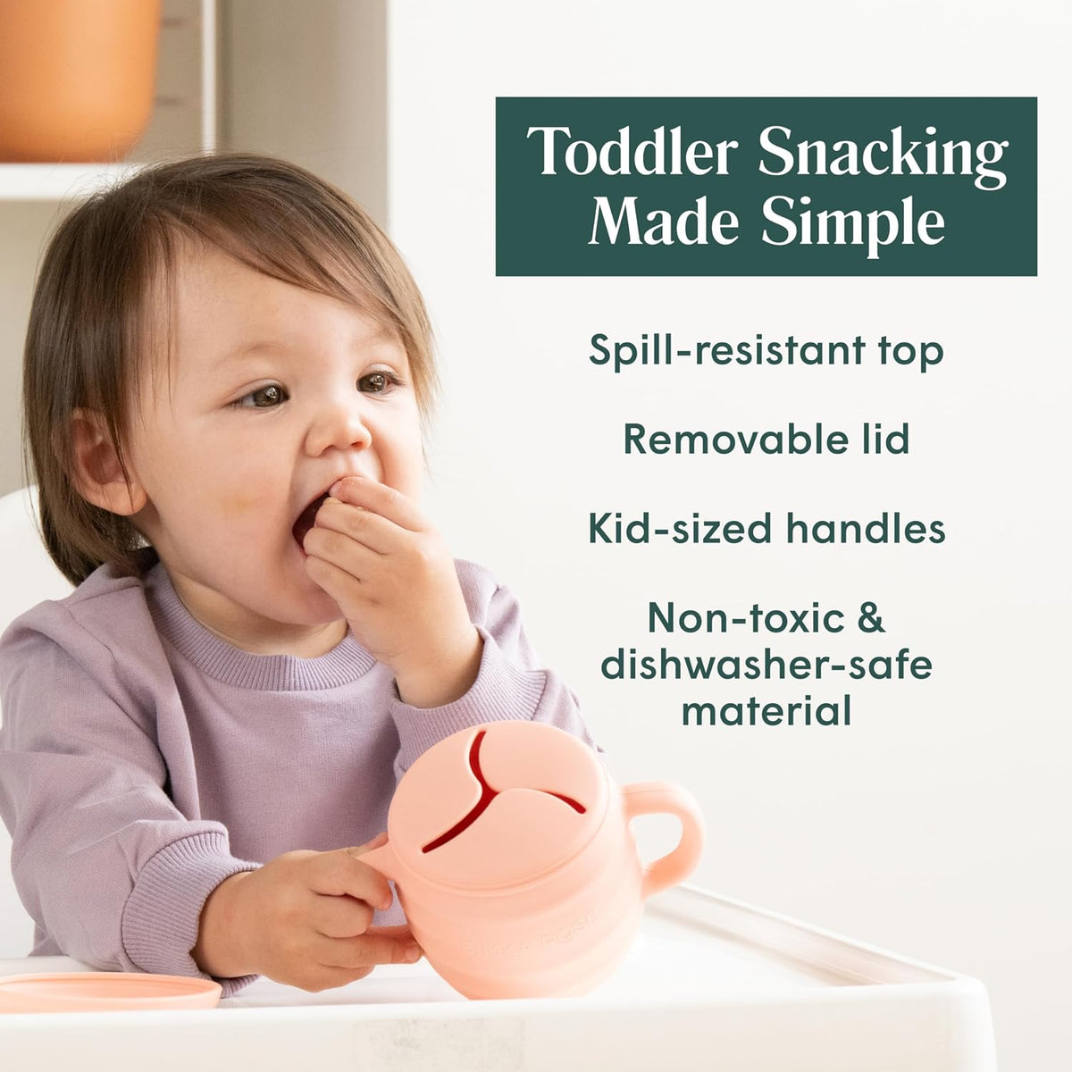 Silicone Snack Cups for Toddlers - Spill Proof Baby Snack Container with Lid for Easy Travel - Unique 3 Flap Design to Control Messes - Wide for Easy Access and Handles for Toddler Eating