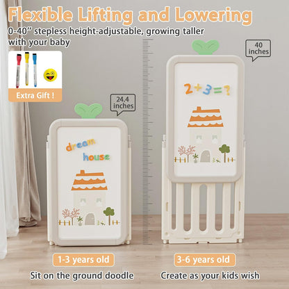 Kids Toy Storage Organizer with 10 Removable Bins, Foldable Toy Organizers and Storage with 3-Tier Bookshelf for Kids Toy Storage Organizer with Drawing Board, Extra 3 Brushes (3 In 1 Off-white)