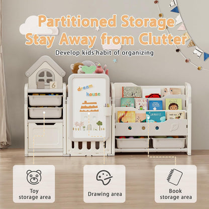 Kids Toy Storage Organizer with 10 Removable Bins, Foldable Toy Organizers and Storage with 3-Tier Bookshelf for Kids Toy Storage Organizer with Drawing Board, Extra 3 Brushes (3 In 1 Off-white)