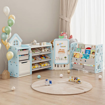 Kids Toy Storage Organizer with 10 Removable Bins, Foldable Toy Organizers and Storage with 3-Tier Bookshelf for Kids Toy Storage Organizer with Drawing Board, Extra 3 Brushes (3 In 1 Off-white)