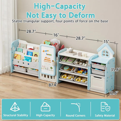 Kids Toy Storage Organizer with 10 Removable Bins, Foldable Toy Organizers and Storage with 3-Tier Bookshelf for Kids Toy Storage Organizer with Drawing Board, Extra 3 Brushes (3 In 1 Off-white)
