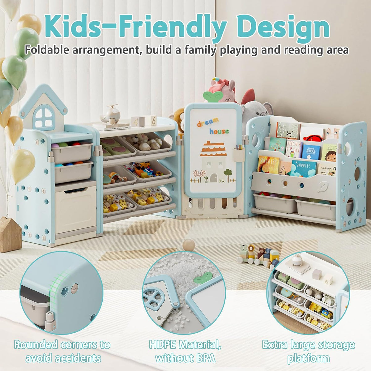 Kids Toy Storage Organizer with 10 Removable Bins, Foldable Toy Organizers and Storage with 3-Tier Bookshelf for Kids Toy Storage Organizer with Drawing Board, Extra 3 Brushes (3 In 1 Off-white)