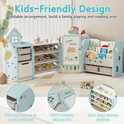 Kids Toy Storage Organizer with 10 Removable Bins, Foldable Toy Organizers and Storage with 3-Tier Bookshelf for Kids Toy Storage Organizer with Drawing Board, Extra 3 Brushes (3 In 1 Off-white)