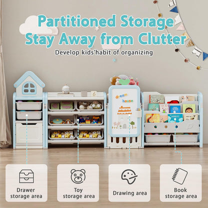 Kids Toy Storage Organizer with 10 Removable Bins, Foldable Toy Organizers and Storage with 3-Tier Bookshelf for Kids Toy Storage Organizer with Drawing Board, Extra 3 Brushes (3 In 1 Off-white)