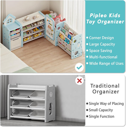 Kids Toy Storage Organizer with 10 Removable Bins, Foldable Toy Organizers and Storage with 3-Tier Bookshelf for Kids Toy Storage Organizer with Drawing Board, Extra 3 Brushes (3 In 1 Off-white)