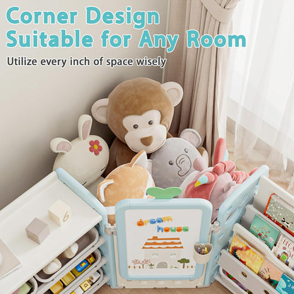 Kids Toy Storage Organizer with 10 Removable Bins, Foldable Toy Organizers and Storage with 3-Tier Bookshelf for Kids Toy Storage Organizer with Drawing Board, Extra 3 Brushes (3 In 1 Off-white)