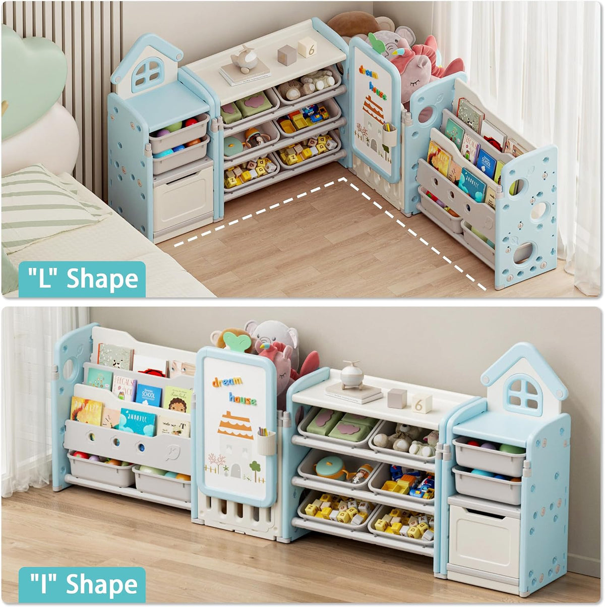 Kids Toy Storage Organizer with 10 Removable Bins, Foldable Toy Organizers and Storage with 3-Tier Bookshelf for Kids Toy Storage Organizer with Drawing Board, Extra 3 Brushes (3 In 1 Off-white)