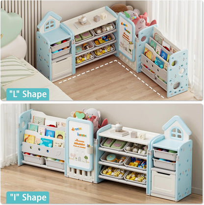 Kids Toy Storage Organizer with 10 Removable Bins, Foldable Toy Organizers and Storage with 3-Tier Bookshelf for Kids Toy Storage Organizer with Drawing Board, Extra 3 Brushes (3 In 1 Off-white)