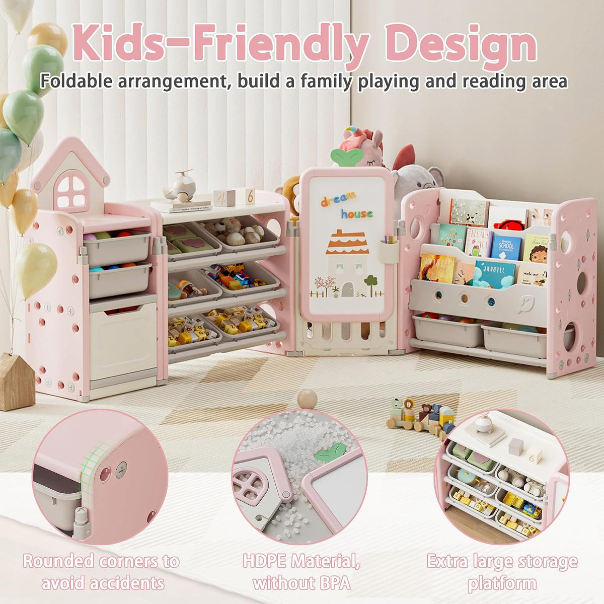 Kids Toy Storage Organizer with 10 Removable Bins, Foldable Toy Organizers and Storage with 3-Tier Bookshelf for Kids Toy Storage Organizer with Drawing Board, Extra 3 Brushes (3 In 1 Off-white)