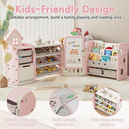 Kids Toy Storage Organizer with 10 Removable Bins, Foldable Toy Organizers and Storage with 3-Tier Bookshelf for Kids Toy Storage Organizer with Drawing Board, Extra 3 Brushes (3 In 1 Off-white)