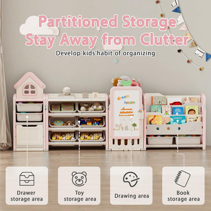 Kids Toy Storage Organizer with 10 Removable Bins, Foldable Toy Organizers and Storage with 3-Tier Bookshelf for Kids Toy Storage Organizer with Drawing Board, Extra 3 Brushes (3 In 1 Off-white)