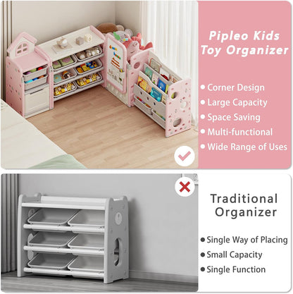 Kids Toy Storage Organizer with 10 Removable Bins, Foldable Toy Organizers and Storage with 3-Tier Bookshelf for Kids Toy Storage Organizer with Drawing Board, Extra 3 Brushes (3 In 1 Off-white)
