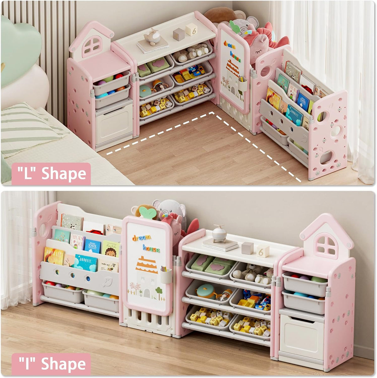 Kids Toy Storage Organizer with 10 Removable Bins, Foldable Toy Organizers and Storage with 3-Tier Bookshelf for Kids Toy Storage Organizer with Drawing Board, Extra 3 Brushes (3 In 1 Off-white)