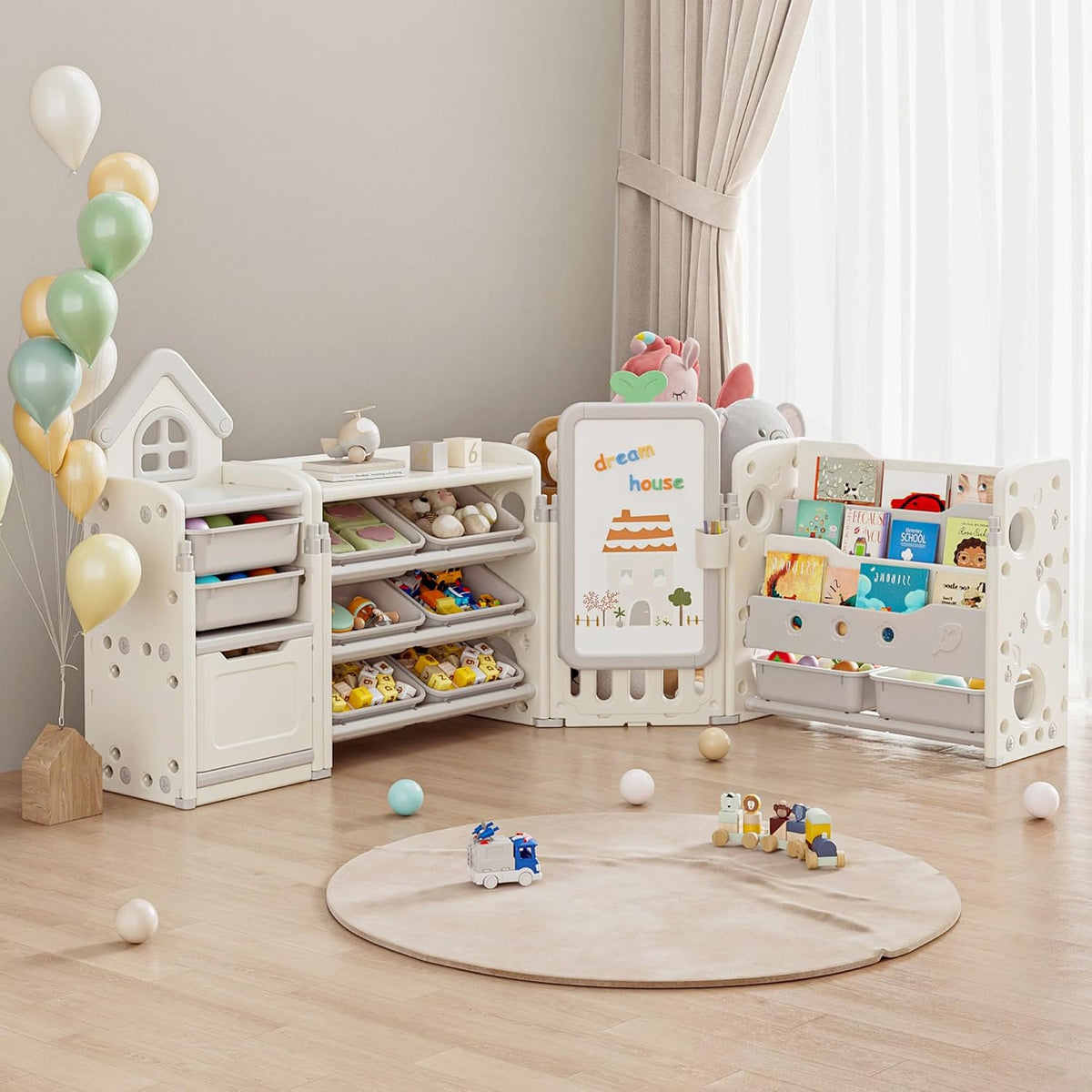 Kids Toy Storage Organizer with 10 Removable Bins, Foldable Toy Organizers and Storage with 3-Tier Bookshelf for Kids Toy Storage Organizer with Drawing Board, Extra 3 Brushes (3 In 1 Off-white)