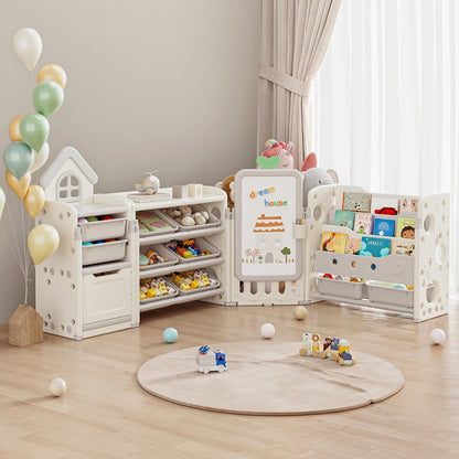 Kids Toy Storage Organizer with 10 Removable Bins, Foldable Toy Organizers and Storage with 3-Tier Bookshelf for Kids Toy Storage Organizer with Drawing Board, Extra 3 Brushes (3 In 1 Off-white)