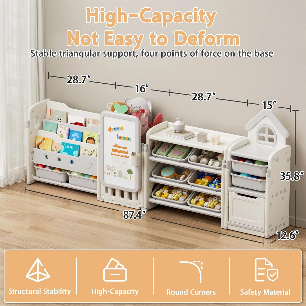 Kids Toy Storage Organizer with 10 Removable Bins, Foldable Toy Organizers and Storage with 3-Tier Bookshelf for Kids Toy Storage Organizer with Drawing Board, Extra 3 Brushes (3 In 1 Off-white)