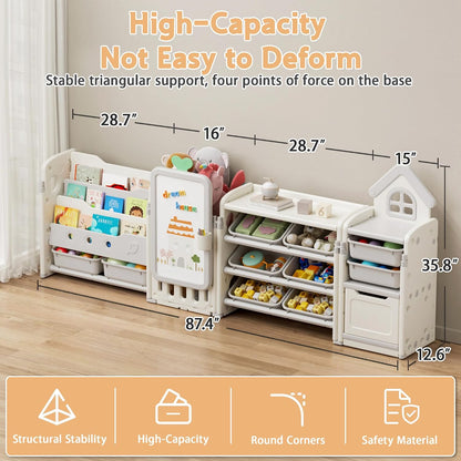 Kids Toy Storage Organizer with 10 Removable Bins, Foldable Toy Organizers and Storage with 3-Tier Bookshelf for Kids Toy Storage Organizer with Drawing Board, Extra 3 Brushes (3 In 1 Off-white)