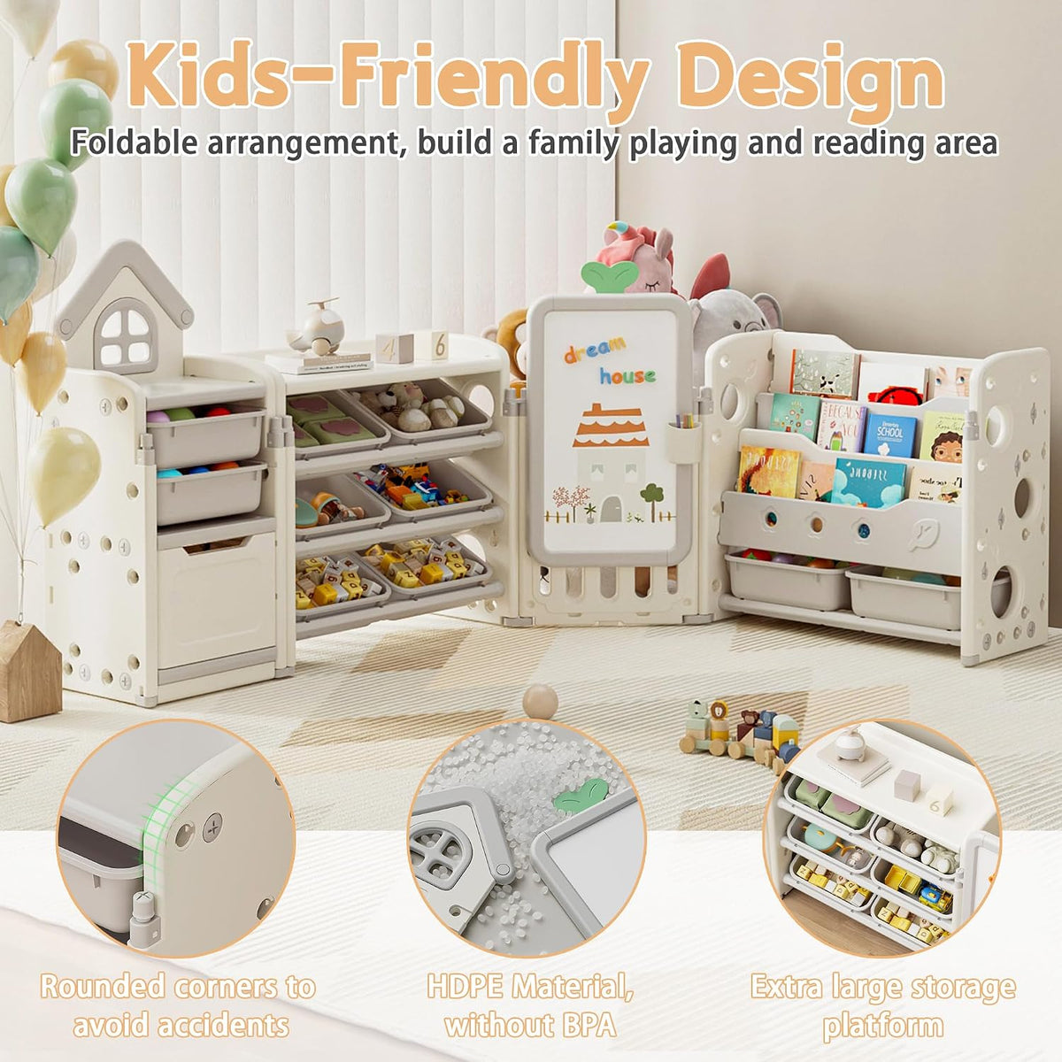 Kids Toy Storage Organizer with 10 Removable Bins, Foldable Toy Organizers and Storage with 3-Tier Bookshelf for Kids Toy Storage Organizer with Drawing Board, Extra 3 Brushes (3 In 1 Off-white)