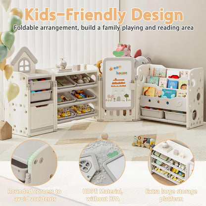Kids Toy Storage Organizer with 10 Removable Bins, Foldable Toy Organizers and Storage with 3-Tier Bookshelf for Kids Toy Storage Organizer with Drawing Board, Extra 3 Brushes (3 In 1 Off-white)