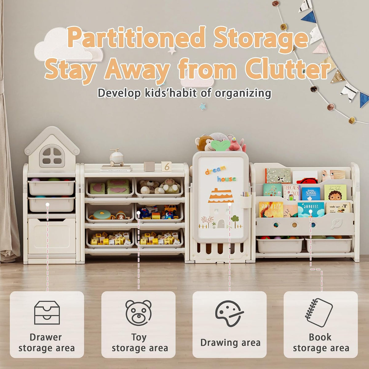 Kids Toy Storage Organizer with 10 Removable Bins, Foldable Toy Organizers and Storage with 3-Tier Bookshelf for Kids Toy Storage Organizer with Drawing Board, Extra 3 Brushes (3 In 1 Off-white)