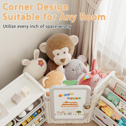 Kids Toy Storage Organizer with 10 Removable Bins, Foldable Toy Organizers and Storage with 3-Tier Bookshelf for Kids Toy Storage Organizer with Drawing Board, Extra 3 Brushes (3 In 1 Off-white)