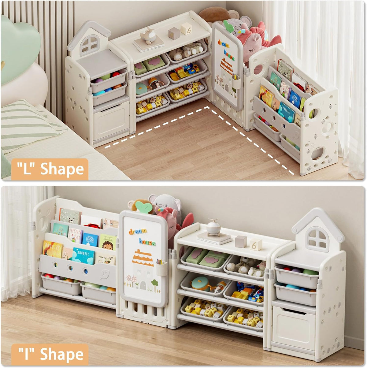 Kids Toy Storage Organizer with 10 Removable Bins, Foldable Toy Organizers and Storage with 3-Tier Bookshelf for Kids Toy Storage Organizer with Drawing Board, Extra 3 Brushes (3 In 1 Off-white)