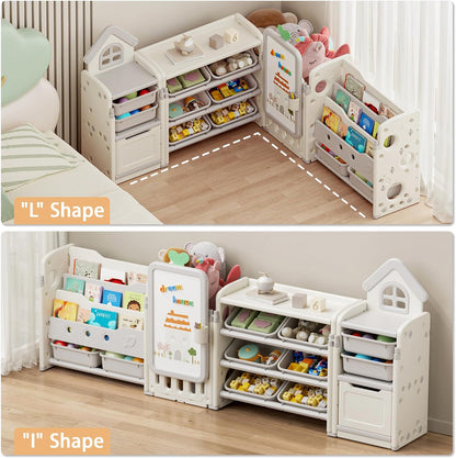 Kids Toy Storage Organizer with 10 Removable Bins, Foldable Toy Organizers and Storage with 3-Tier Bookshelf for Kids Toy Storage Organizer with Drawing Board, Extra 3 Brushes (3 In 1 Off-white)